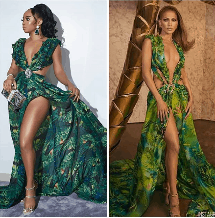 Who wore it best? Toke Makinwa Recreates J.Lo’s Iconic Versace Dress