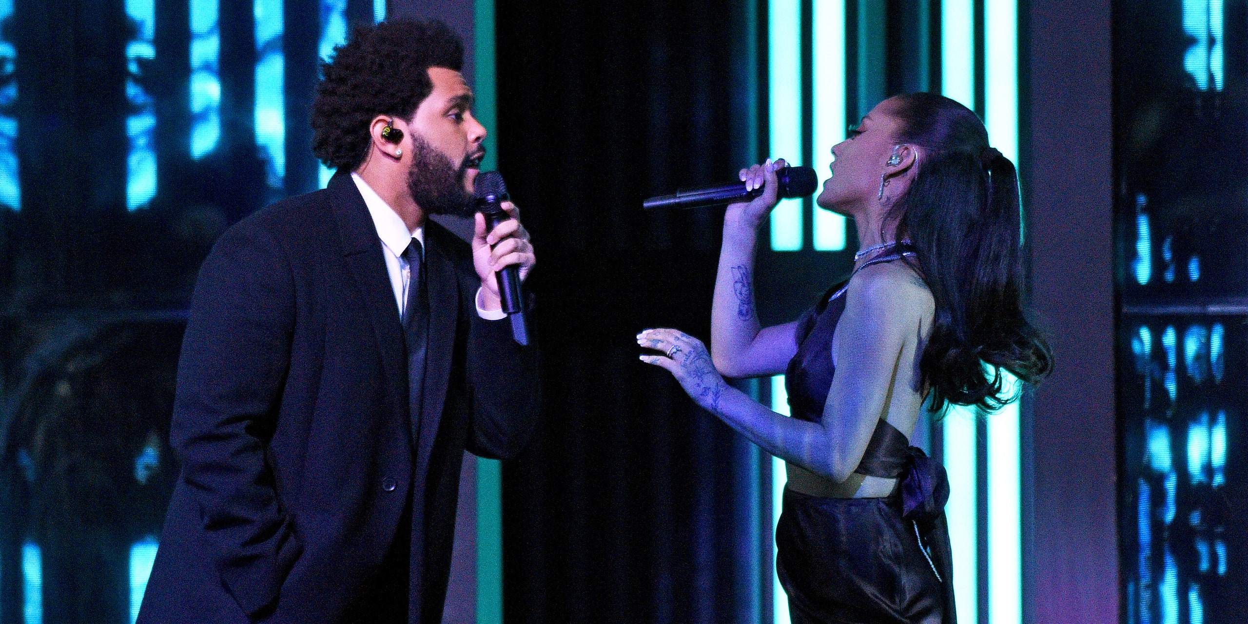 The Weeknd and Ariana Grande perform at iHeartRadio Music Awards