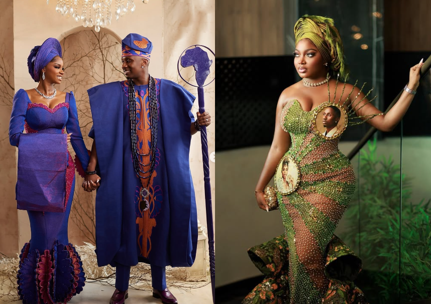 Priscilla Ojo reacts to Papaya placing her husband’s photo on her chest in wedding outfit