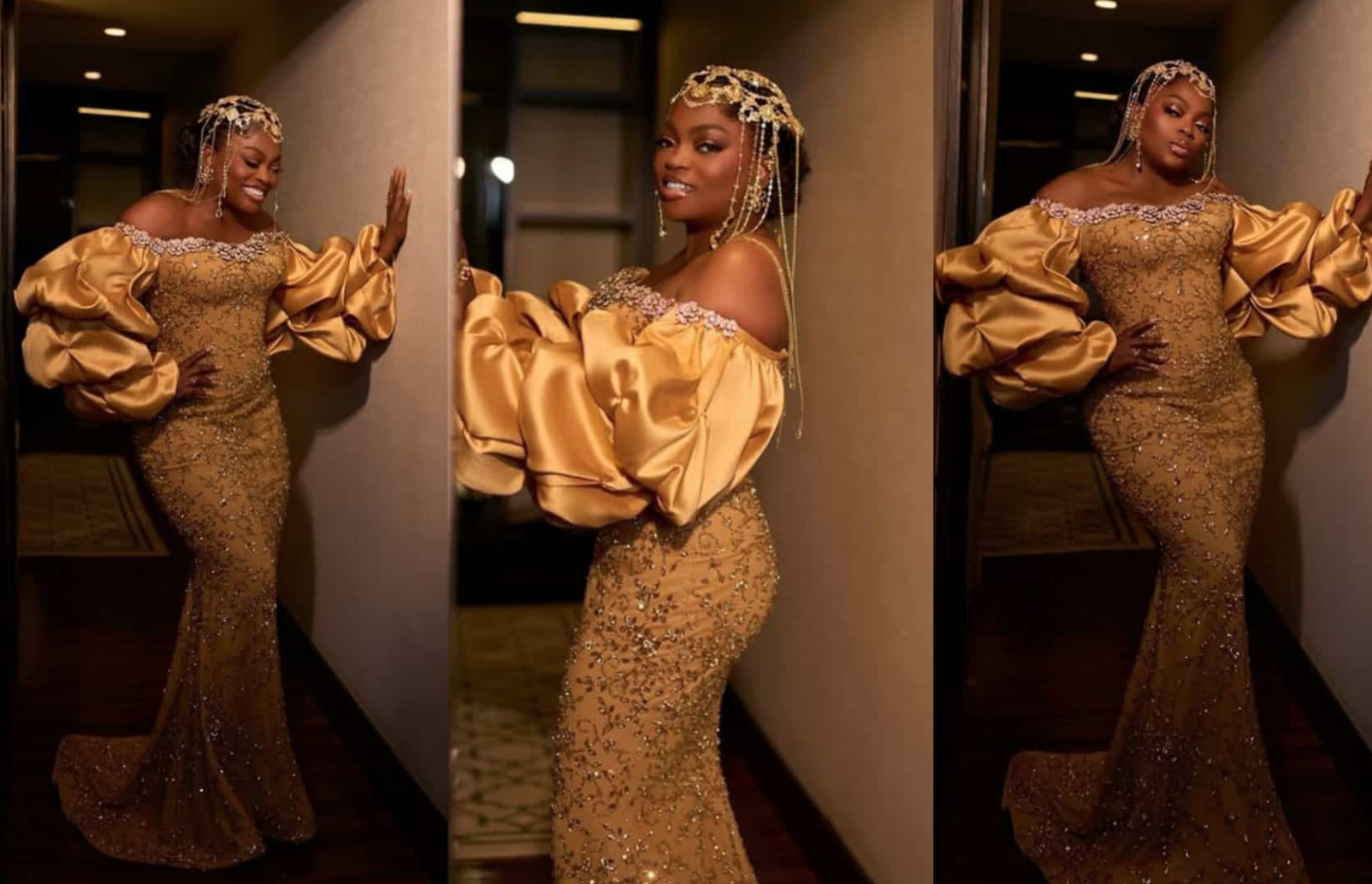 Funke Akindele shines in gold at Priscilla Ojo, Juma Jux’s grand wedding finale