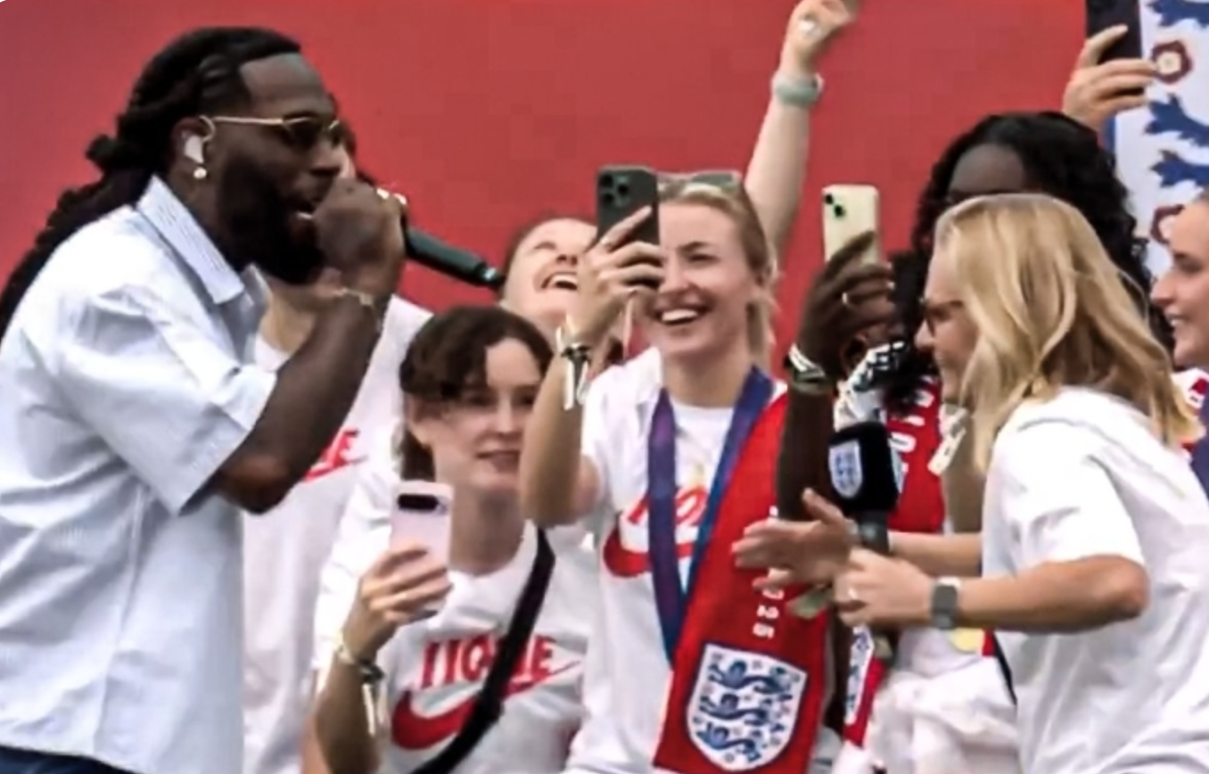 Watch Moment England Manager ‘Loses Home Training’ During Burna Boy’s Performance at Euros Victory Parade