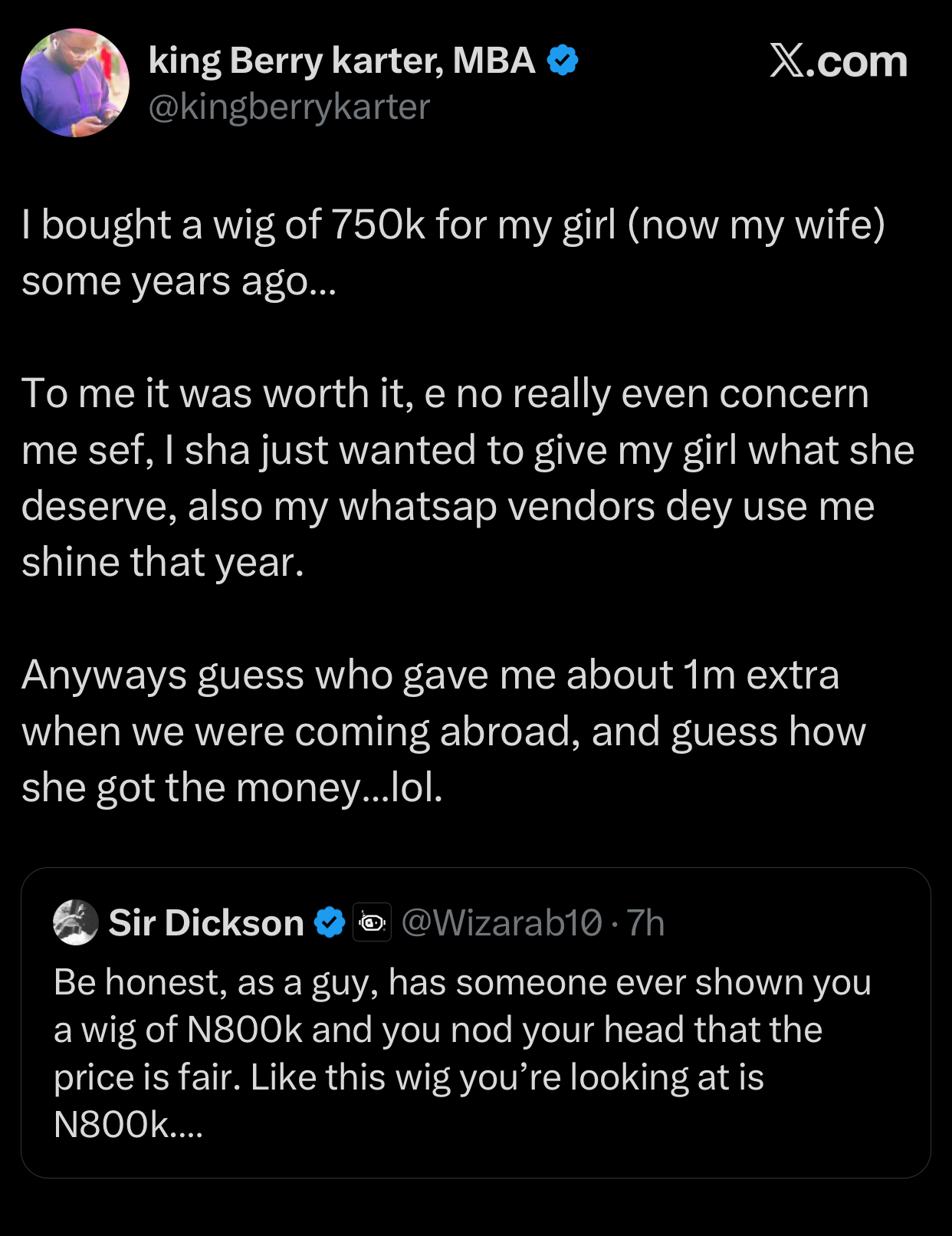 Son of Adam Shares How Wife’s Expensive Wig Save Him